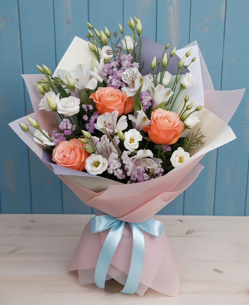 Букет цветов из: Лизиантусы, Розы, Альстромерии и Гипсофила в К.Либкнехте