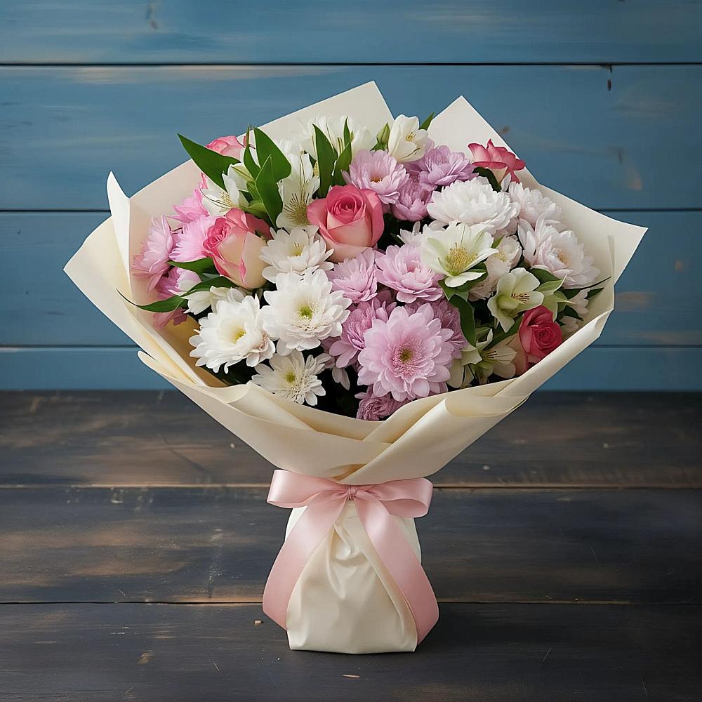 Букет цветов из: Хризантемы, Альстромерии и Розы в К.Либкнехте